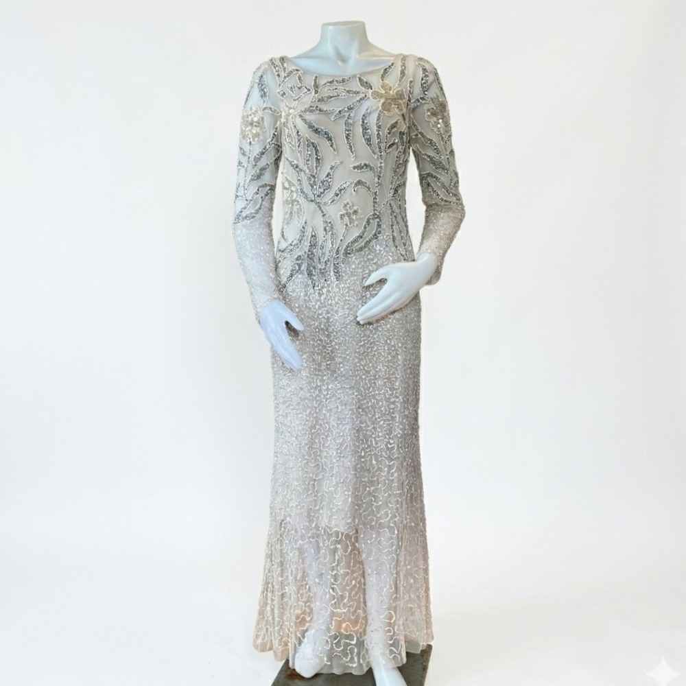 Adrianna Papell Embellished Illusion Gown Beaded Floral Sequin Sz 6  Maxi Modest